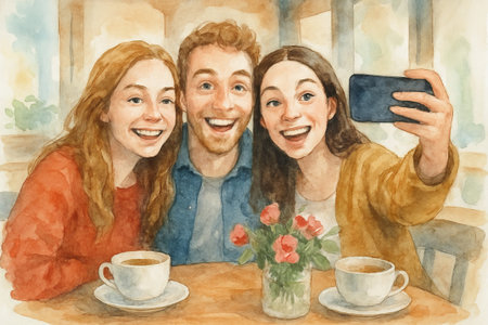 Watercolor friends enjoying coffee together in cozy cafe taking selfie. concept of friendship, coffee time, cheerful memories.の写真素材