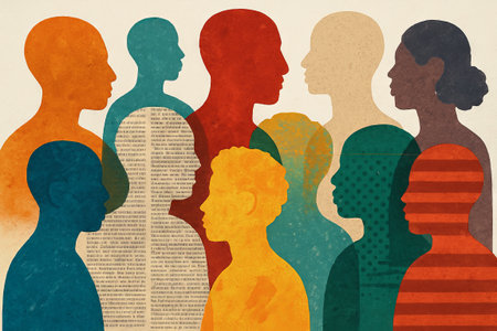 Abstract diverse silhouettes illustration with mixed media effect on textured background. concept of diversity, cultural expression, artistic design.の写真素材