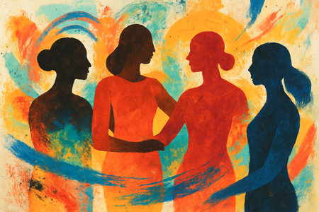 Abstract watercolor of diverse women embracing in vibrant colors. concept of unity, empowerment, female friendship.の写真素材