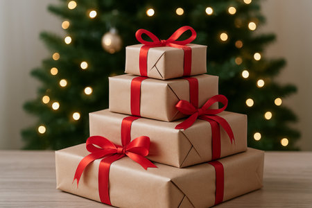 Christmas gift boxes stacked with red ribbons in front of decorated tree. concept of festive celebration, holiday spirit, gift exchange.の写真素材