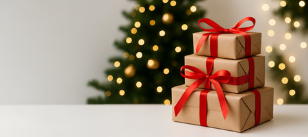 Stacked christmas gift boxes with red ribbons against blurred festive tree background. concept of holiday celebration, festive decor, gift-giving tradition, copy space, banner.の写真素材