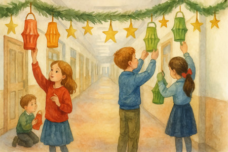 Children decorating school hallway with christmas lanterns and stars in watercolor illustration. concept of festive holiday spirit, creative school activity, seasonal celebration.の写真素材