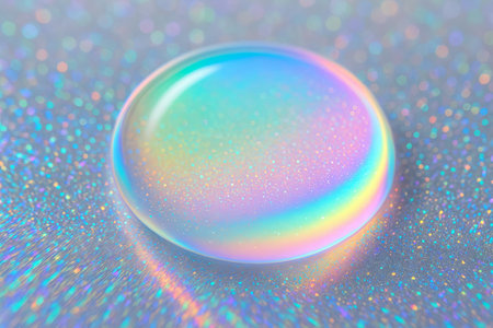 Luminous rainbow droplet sparkling with iridescent colors for creative art and design inspiration. concept of vibrant energy, fluidity, and colorful imagination.の写真素材