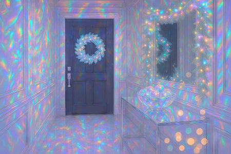 Futuristic christmas elegance in a sparkling entryway with prism lights and festive holiday decor. concept of modern festive design, seasonal charm, luxurious celebration.の写真素材