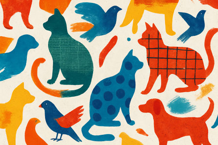 Colorful illustration of cats and birds on white background. concept of animal pattern, creative...