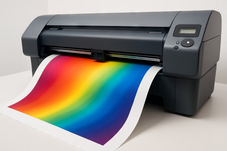 Digital printer producing vibrant rainbow gradient poster in modern studio. concept of printing...