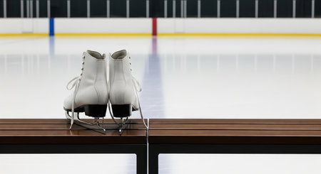 Pair of white ice skates on wooden bench in an empty ice rink with colorful markings. concept of winter sports, ice skating gear, recreational activity.の写真素材