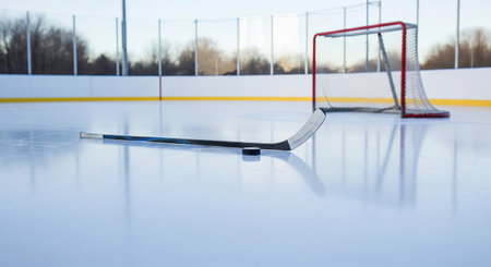 Hockey stick and puck on outdoor ice rink with empty net in background. concept of winter sport, ice hockey equipment, sports arena.の写真素材