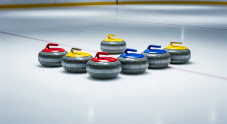 Curling stones on ice rink with red, yellow, and blue handles in indoor sports arena. concept of winter sport, ice competition, team strategy.の写真素材