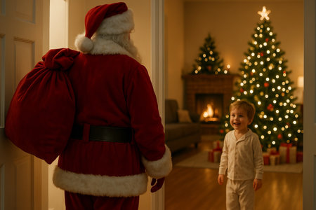 Santa claus brings gifts to excited child on christmas eve with glowing christmas tree in cozy living room. concept of holiday spirit, joyful celebration, magical night.の写真素材