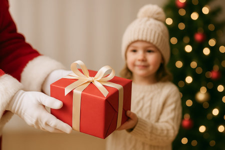 Santa claus giving a gift to a smiling child in festive holiday scene with christmas tree and lights. concept of joyful celebration, holiday spirit, gift giving.の写真素材