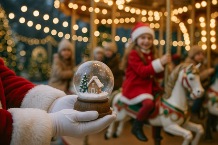 Santa claus holding snow globe with house scene at festive carnival carousel night. concept of holiday magic, christmas cheer, winter wonderland.の写真素材