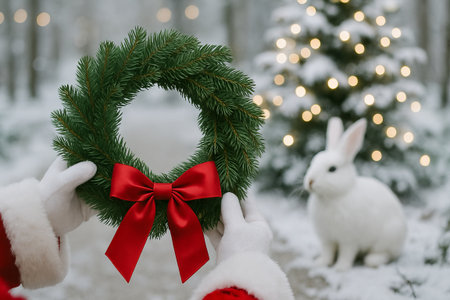 Santa claus holding festive christmas wreath with red bow in snowy forest near white rabbit illustration of holiday cheer and seasonal joy.の写真素材