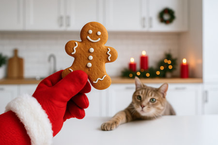 Santa holding a gingerbread cookie in a festive kitchen with a curious cat on christmas eve. concept of holiday baking, christmas decor, festive celebration.の写真素材