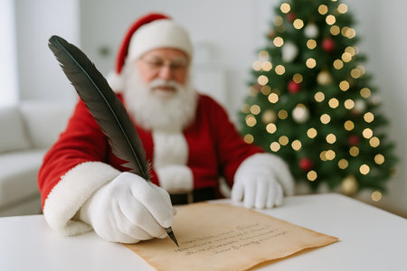 Santa claus writing a letter using quill at home with christmas tree in background. concept of holiday tradition, santa's workshop, festive writing.の写真素材