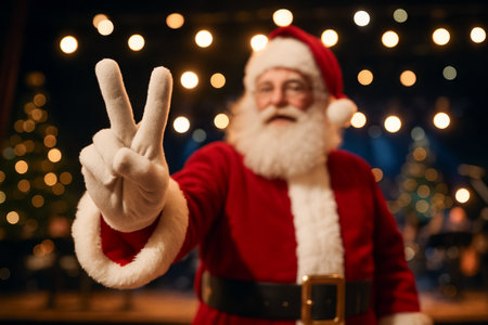 Santa claus at festive concert showing peace sign surrounded by christmas lights and decor. concept of holiday spirit, christmas celebration, santa appreciation.の写真素材