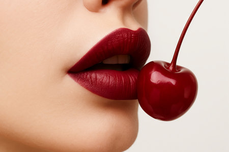 Close-up of bold burgundy lipstick and cherry against the skin conveying the concept of sensual elegance, beauty, luscious lips, and a hint of summer fruit allure.の写真素材