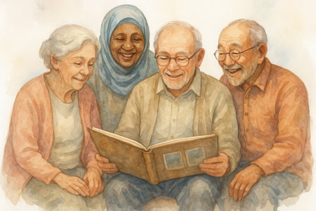 Elderly friends smiling as they gather together to enjoy a photo album in a warm setting. concept of friendship, nostalgia, cultural harmony.の写真素材