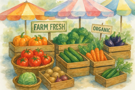 Watercolor farm market with fresh organic vegetables and fruits displayed under colorful umbrellas. concept of organic produce, farmers market, fresh healthy food.の写真素材
