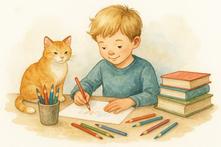 Watercolor illustration of a young boy drawing with colored pencils alongside a curious cat. concept of creativity, childhood activity, artistic expression.の写真素材