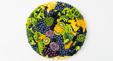 Vibrant fruit and vegetable platter with blueberries, broccoli, and kiwi in circular arrangement on white background. concept of healthy eating, fresh produce, creative food presentation.の写真素材
