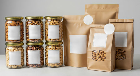 Various nut jars and bags with blank labels for product mockup on white background. concept of nut packaging, food storage, product branding.の写真素材