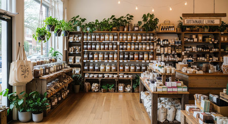 Eco-friendly zero-waste store interior showcasing sustainable living products and packaging alternatives. concept of sustainability, green shopping, eco-conscious lifestyle.の写真素材
