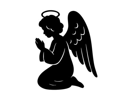 Black silhouette of christmas angel praying, isolated on white background. concept of holiday spirit, sacred symbol, religious icon, spirituality, christmas decor, design element.のイラスト素材