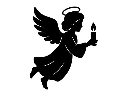 Black silhouette of christmas angel holding candle, isolated on white background. concept of holiday, festive decor, celebration, cute celestial being, religious iconography.のイラスト素材