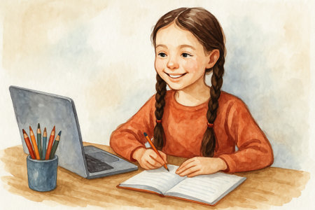 Watercolor illustration of young girl studying at home with laptop and pencils. concept of online education, homeschooling, learning.の写真素材