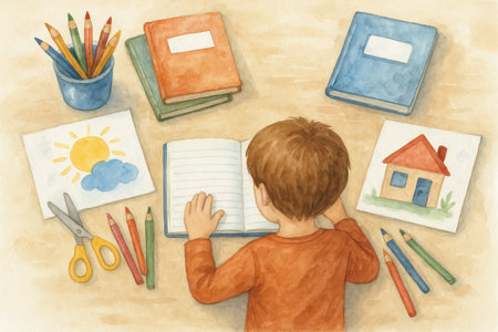 Watercolor illustration of a child drawing surrounded by art supplies and colorful sketches. concept of creativity, childhood learning, artistic expression.の写真素材