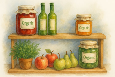 Organic market stall display of jars, bottles, apples, pears, and potted plant in watercolor illustration. concept of natural products, eco-friendly market, fresh produce.の写真素材