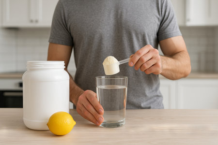 Man mixing protein powder in glass of water with lemon on kitchen counter in modern home. concept of...
