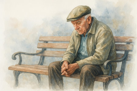 Elderly man sitting on a bench illustration, thoughtfully gazing down in a quiet park setting. concept of solitude, reflection, aging experience.の写真素材