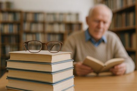 Elderly man reading book in library with glasses on book stack celebrating day of older persons. concept of lifelong learning, wisdom, reading.の写真素材