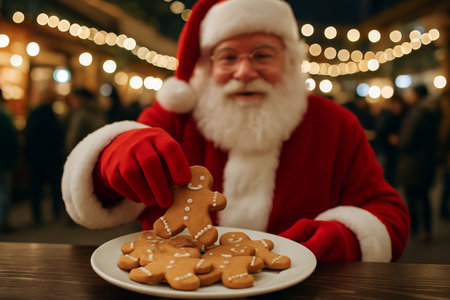 Santa claus enjoying delicious gingerbread cookies in festive setting illuminated by fairy lights....