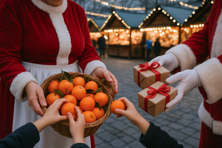 Festive holiday market scene with basket of oranges and gift exchange amidst christmas decor.の写真素材