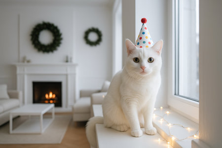 White cat wearing polka dot party hat in festive interior with fireplace and decorative wreaths. concept of celebration, cozy home decor, holiday atmosphere.の写真素材