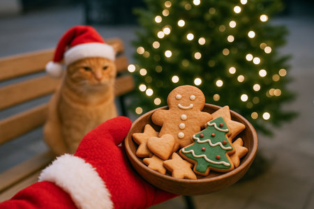 Santa's gloved hand holding bowl of festive cookies near cat by christmas tree. concept of holiday baking, pet companionship, christmas season warmth.の写真素材