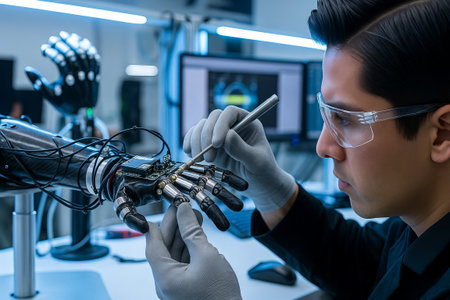 Engineer working on robotic hand in modern laboratory setting. concept of technology innovation, robotics engineering, futuristic design.の写真素材
