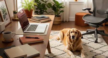 Cozy home office with golden retriever and modern workspace decor featuring desk, laptop, and indoor plants. concept of comfortable work environment, canine companion, productivity.の写真素材