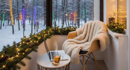 Cozy winter scene with hot tea, laptop, and fluffy blanket on a balcony decorated with festive...
