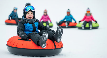 Joyful caucasian child snow tubing on a winter day with friends during holiday vacation. concept of...