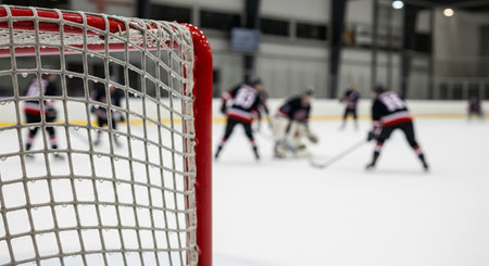 Ice hockey players competing in indoor arena with focus on goal net during intense game. concept of team sport, competitive match, athletic endeavor, teamwork, indoor activity.の写真素材