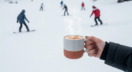 Woman holding hot coffee mug with snowy skiers in background. concept of winter warmth, skiing fun, cozy beverage.の写真素材
