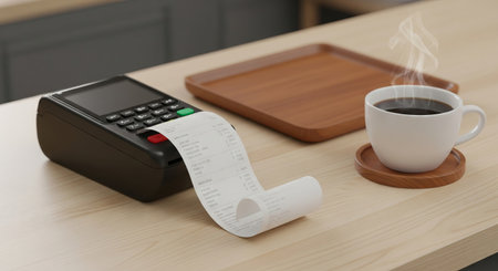 Coffee break scene with hot beverage and receipt beside card reader on cafe counter. concept of...