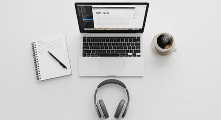 Work desk setup with laptop headphones coffee and notebook for productivity and organization. concept of efficiency, work environment, caffeine boost, digital workspace.の写真素材