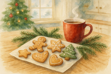 Christmas cookies on a kitchen table with hot coffee by christmas tree in watercolor illustration. concept of holiday baking, cozy atmosphere, festive treats.の写真素材