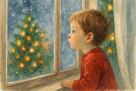 Curious child gazing at snowfall through window with christmas tree in background on winter evening. concept of childhood wonder, festive spirit, seasonal magic.の写真素材