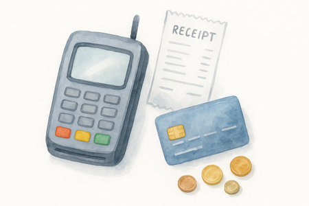 Watercolor illustration of a credit card reader with receipt and coins. concept of digital payment, financial transaction, modern shopping.の写真素材